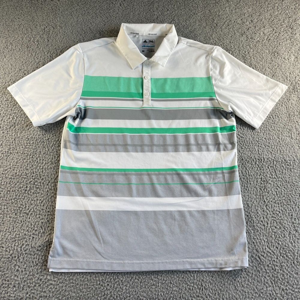 Adidas Polo Shirt Mens Medium White Gray Green Striped Climacool Golf Stretch